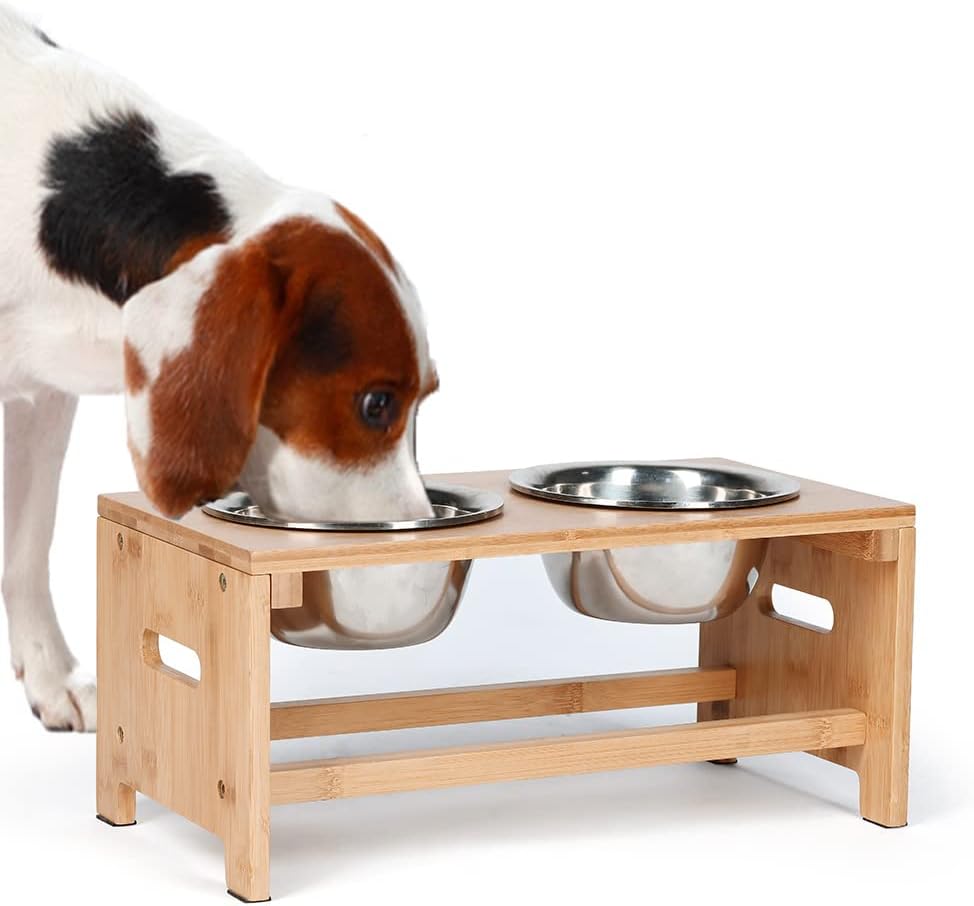 PETUPPY Elevated Dog Bowls Pet Feeder, Bamboo Raised Dog Food Bowl Stand, with 2 Stainless Steel Bowls and Anti Slip Feet