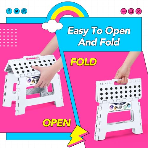 Image of Delxo 9 Inch Folding Step Stool,White Step Stools for Kids Foldable,Portable Collapsible Step Stool with Handle, Folding Stool for Kitchen Bathroom,Bedroom,Garden