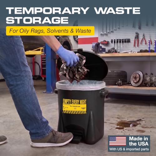 Image of Eagle Oily Waste Can, Self-Closing Lid, 6 Gallon, Made in the USA, Black | High-Density Polyethylene Construction, Leakproof Design, Hands-Free Operation, OSHA, FM, NFPA Compliant