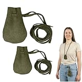 Mythrojan Small Trinket Pouches Suede Leather Drawstring Coin & Dice Bags for LARP, SCA, Viking & Medieval Events (Dark Green - Pack of 2)