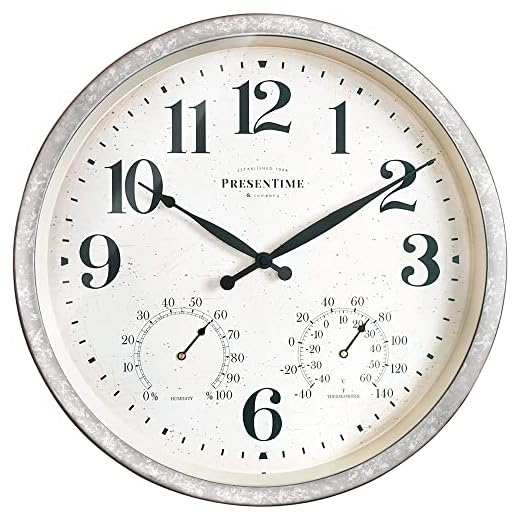 Presentime & Co 16" Farmhouse in/Outdoor Clock with Thermometer&Hygrometer as All in One Weather Station, Galvanized Décor, Wall Art and Timepiece for Farmhouse Decoration, Light Galvanized Finish