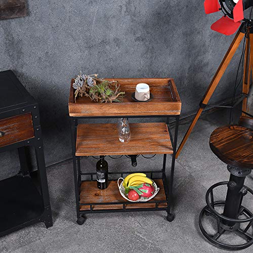 Industrial Bar Serving Carts-3-Tiers Kitchen Mobile Stand Cart-Rolling Serving Wine Cart On Wheels-With Glass Stem And Bottle Holder-23.7" Lx12 Wx35 H #TOP4