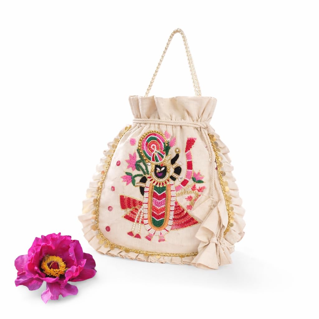 Embroidered Potli Bag, Beige, Drawstring Closure, Pearl Handle, Traditional Indian Design, Handcrafted-image-40