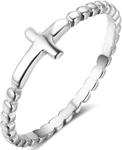 Anillo liso clásico de plata de ley 925 con cruz religiosa cristiana