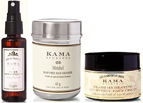 Kama Gift Combo MRIDUL SOAP FREE FACE CLEANSER (40 gm) with PURE ROSE WATER (50 ml) & ELADI HYDRATING AYURVEDIC FACE CREAM (50 gm) (Pack of 3) by INDIANMEDICALSTORE