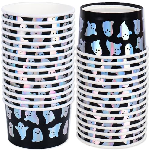 JarThenaAMCS 50Pcs Halloween Snack Cups Iridescent Ghost Candy Paper Treat Cups 8oz Cute Spooky Boo Disposable Dessert Soup Bowl for Hot or Cold Foods Halloween Fall Party Supplies