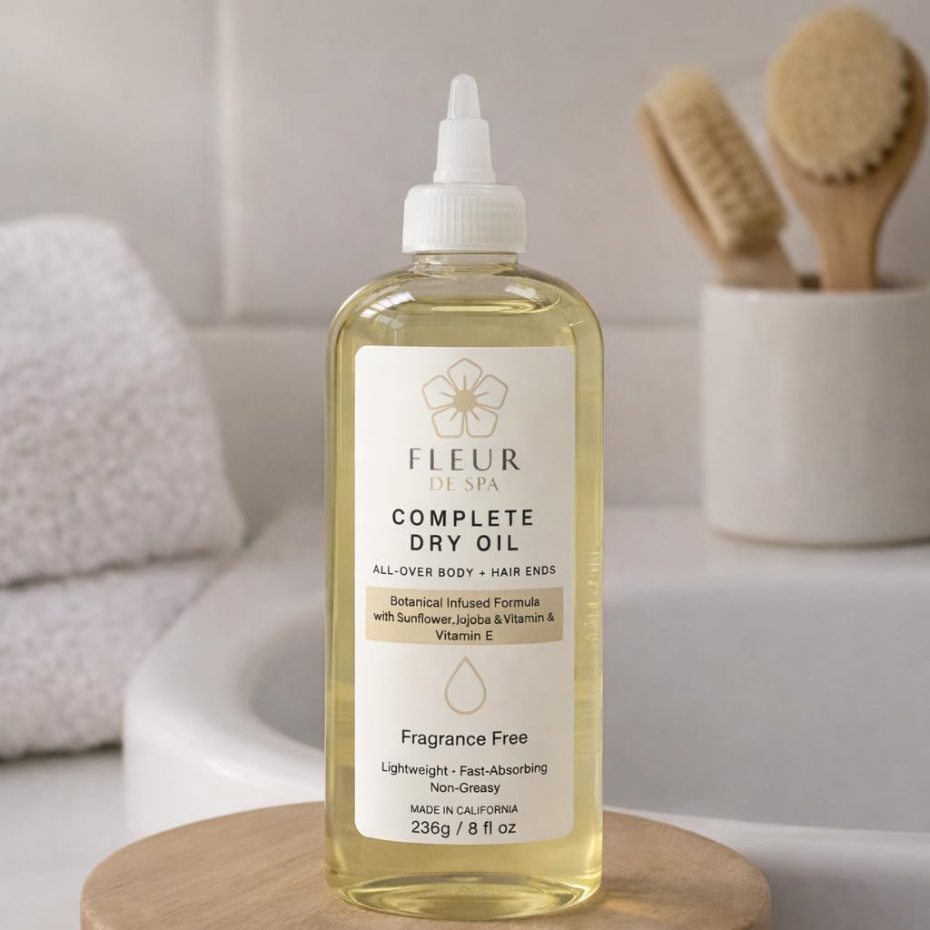 fleur de spa Complete Dry Oil Fragrance Free | Lightweight, Fast-Absorbing Body & Hair Oil | Non-Greasy Botanical Hydration | 8 fl oz