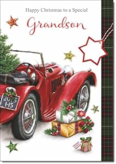 doodlecards Grandson Christmas Card Red Vintage Car Medium Size with Plain Red Envelope