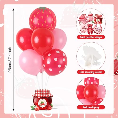 Image of 6 Sets Strawberry Balloon Stand Kit for Table Strawberry Baby Shower Centerpieces with Balloon Sweet Strawberry Party Balloon Decorations for Girls Strawberry Birthday Themed Supplies