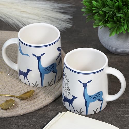 Image of CRAF10 Blue Stag Ceramic Coffee /Tea Mugs - Set of 2, 330 ML Each, Elegant & Durable, Microwave & Dishwasher Safe