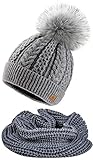 mohair schal stricken anleitung Maschinenwäsche 30 Grad 4sold Mütze & Schal Damen Winter Beanie Strickmütze Mohair Wolle Wurm mit Faux Fell-Bommel Bommel Pom Pom Strick-Mütze Gefüttert mit Fleece - Set Atena Grey