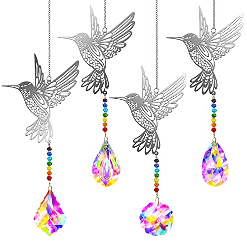 Colorful Crystals Suncatcher Hanging, Hummingbird Rainbow Maker Sun Catcher Prisms Chakra Ball Beads Chain Ornament Pendant Chandelier For Window Car Outdoor Indoor Home Garden Wedding Decor, 4 Pieces #TOP4
