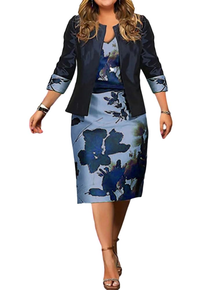 shownicer Vestito Due Pezzi Donna Elegante Bodycon Vestiti Maniche 3/4 Stampe Abiti al Ginocchio Taglie Forti Vestiti da Festa Cerimonia Cocktail
