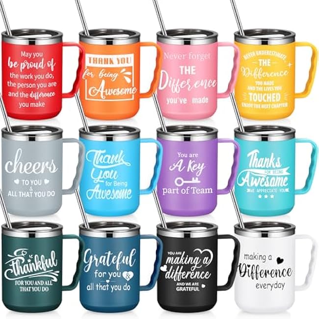 Umigy 12 Pcs Employee Appreciation Coffee Mug Gift Bulk Christmas Thank You 17oz Drinking Cup Stainless Steel Insulated Travel Tumbler Housekeeping Week Gifts for Nurse Women Teacher Therapist