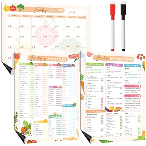 Image of Pasimy 3 Pcs Baby's First Food Tracker Magnet Weaning Chart 11"x14" Baby Food Log Checklist Daily Meal Planner Journal with 2 Dry-Erase Markers 6 to 12 Months Newborn Fridge Recipes List Essentials