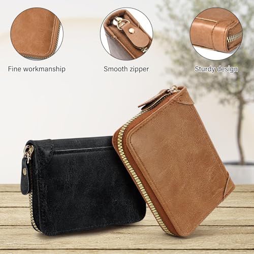 Credit Card Holder, RFID Blocking Zip Card Case Organizer, Business PU Leather Accordion Wallet for Women Men (Khaki)3