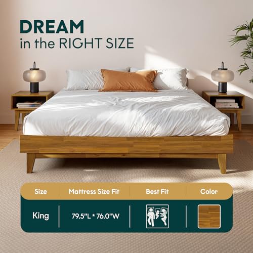 Image of Bme Catherine King Platform Bed Frame, Modern Bed Frame Without Headboard, Wooden Low Profile Bed Frame, Acacia Wood Platform Bed Frame King, No Box Spring Needed, Supports up to 800lbs - Teak Brown