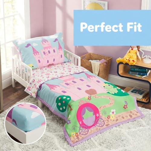 Image of EVERYDAY KIDS 4 Piece Toddler Bedding Set -Princess Storyland- Includes Comforter, Flat Sheet, Fitted Sheet and Reversible Pillowcase