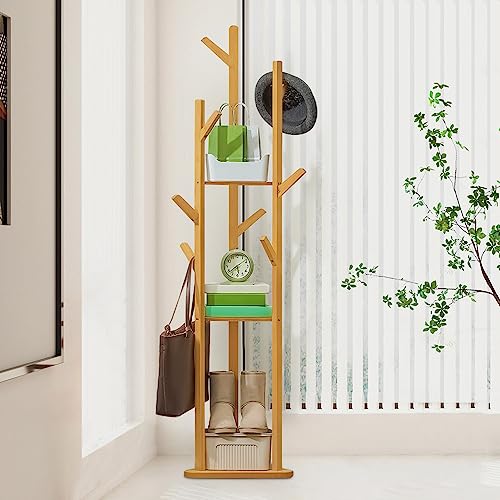 Magshion Bamboo Coat Rack Stand with Shelf - 3-Tier Freestanding Hall Tree for Entryway, Mudroom, and Bedroom Storage