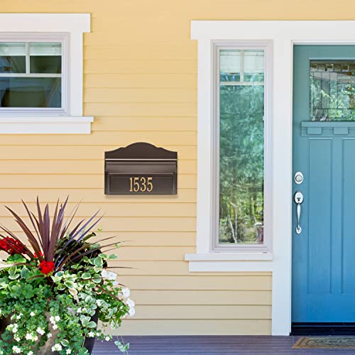 Whitehall Custom Wall Mount Mailbox Package - Mail Box With House Number Address Plaque, Sand Cast Aluminum, Classic Design Bronze Personalized In Goldtone #TOP4
