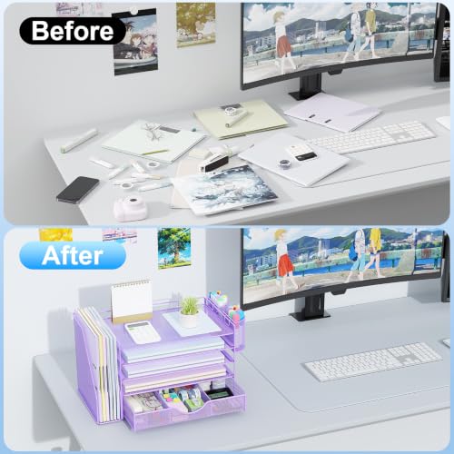 Image of gianotter 5-Tier Desk Organizer with Drawers and File Holders | Letter Trays and Pen Holders - Workspace Accessories for Office Supplies (Light Purple)