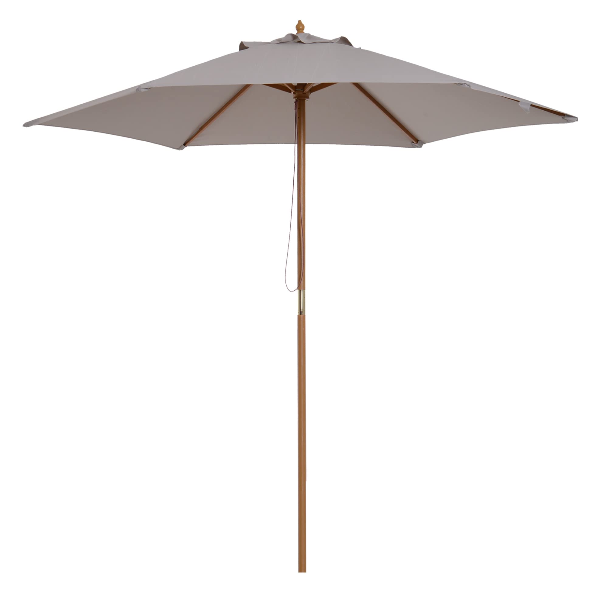 Outsunny Sombrilla de Jardín Ø250x230 cm Parasol de Terraza con 6 Varillas Poste Desmontable Anti-UV Impermeable y Marco de Madera para Playa Patio