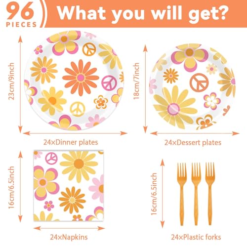Image of 96 Pcs Groovy Party Supplies for 24 Guests Retro Hippie Boho Tableware Plates Napkins Daisy Flower Birthday Dinnerware Table Decorations Retro Hippie Daisy Party Favor for Kitchen Dinning Home Decor