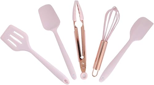 Miniatura 5 de Utensilios de cocina de silicona, 5 piezas, juego de utensilios de cocina, espátula, utensilios de cocina para niños, raspador de silicona, rosa,