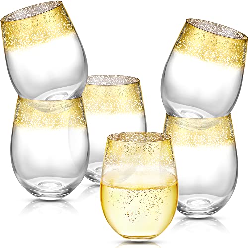 Kitchen Lux 18 Oz Gold Rimmed Wine Glass - Unique Stemless Wine Glasses Set Of 6 - Accented Rim - Large Gold Drinking Glass Cocktail Tumblers - Deluxe Glassware Gift Box For Christmas, Dishwasher Safe #TOP21