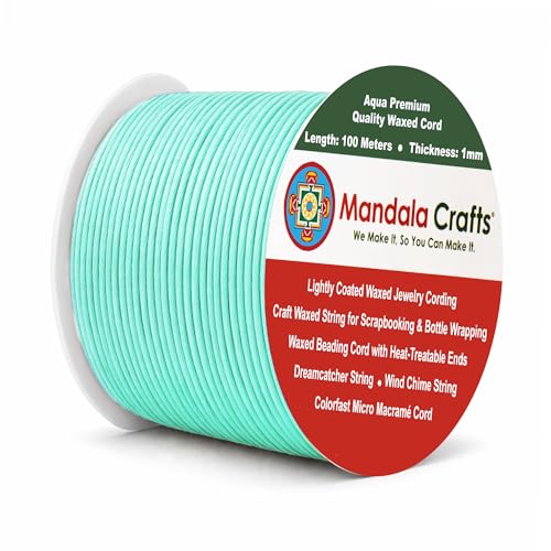 Mandala Crafts 1mm Aqua Cotton Waxed Cord for Jewelry Making, 109 Yards – Waxed Cotton String for Decorative Knotting and Accessory Assembly