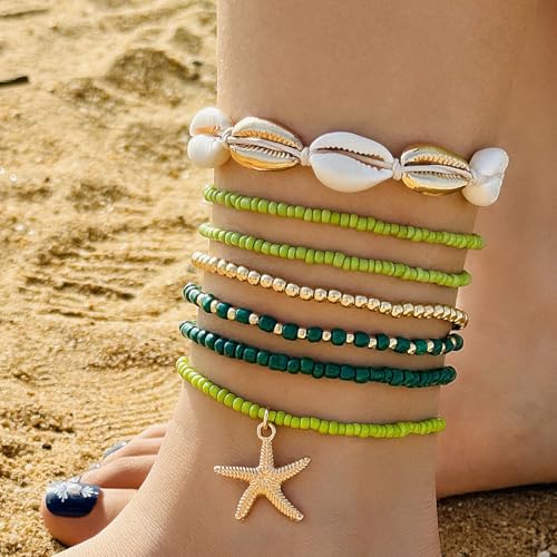 Image of Shell Anklets Bracelet for Women Waterproof Surfer Starfish Bracelet Puka Shell Anklet Colorful Boho Stack Stretch Bead Bracelet Set Hawaii Summer Beach Vacation Foot Jewelry