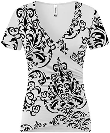 Beauhuty Women's Top Print Deep V Neck Slim Fitted Ruched T-Shirts Front Surplice Wrap Short Sleeve Tees (L, Short-Paisley White)