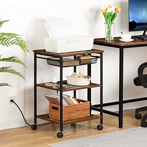 Hoobro Printer Stand, 3 Tier Printer Cart With Power Outlet And Usb Port, Industrial Printer Table Rolling Cart With Storage Drawer On Wheels, For Home Office, Rustic Brown And Black Bf23Ups01 #TOP1