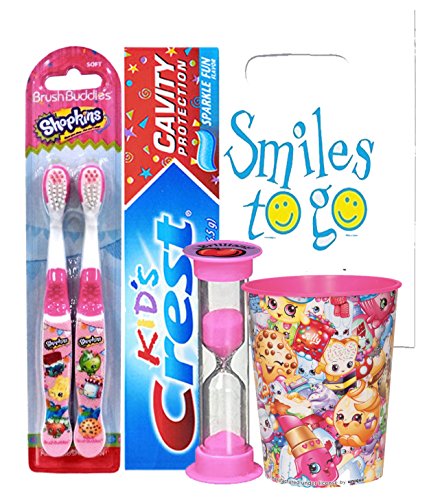 Shopkins 5Pc Bright Smile Oral Hygiene Bundle! 2Pk Manual Toothbrush, Toothpaste, Brushing Timer & Mouthwash Rise Cup! Plus Dental Gift Bag & Tooth Saver Necklace! #TOP24