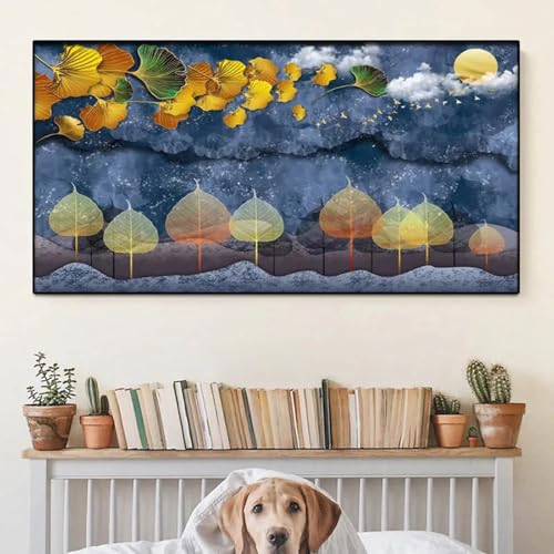 Affiche paysage arbres et feuilles, tableau abstrait sur toile de 60x120cm avec cadre