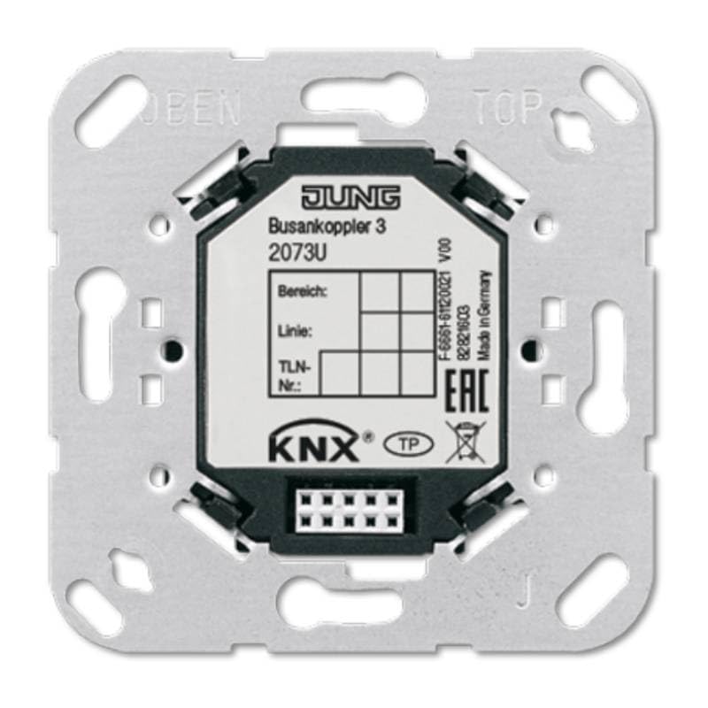 Jung KNX Bus Coupler 2073 U, showing the front face with model number and KNX logo.