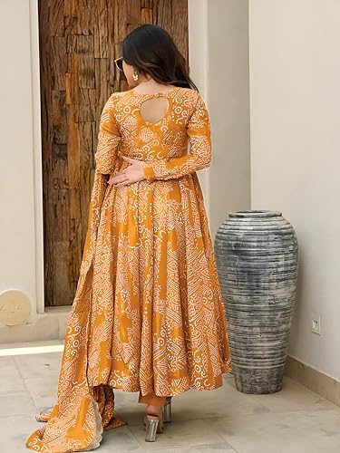 Image of Pinkmint Women's Bandhani Print Flared Anarkali Muslin Kurta Set with Pant & Stylish Dupatta Ethnic Long Sleeve Dress Suit Set|Regular Fit