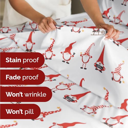 Twin Christmas Holiday Gnomes Red Sheet Set - Holiday Xmas Pattern Bedding Set - Deep Pockets - Snug Fit - 3 Piece - Wrinkle Free - Comfy Festive Winter - Holiday Sheets for Women, Men, Kids & Teens