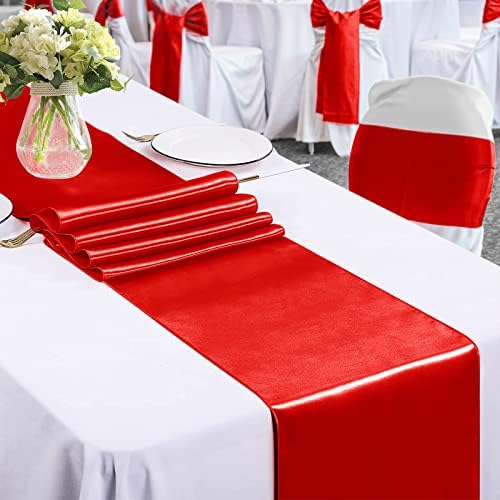 Newthinking 10 Pack Satin Table Runner Red, 12x108 Inch Long Silk Table Runner for Wedding Party Birthday Banquet