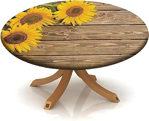 igoga sports Sunflower Fitted Tablecloth Round, Wood Grain Farmhouse Style Elastic Edge Table Cover, Polyester Table Pad Cloth for Indoor Outdoor Party Dinner Patio Decor Fits Tables Up to 24''