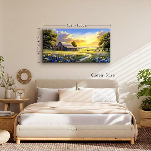 crmotu Rustic Farmhouse Wall Art, Nature Pastoral Landscape Large Artwork, Dairy Cow Farm Sunset Canvas Painting, Meadow Wildflower Pictures Wall Decor Living Room Kitchen Bathroom Art Prints 20X40 In