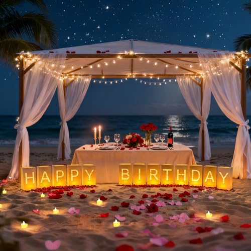 Image of Happy Birthday Decorations for Women Men, Light Up Letters Luminary Bags with 30PC Bright LED Candles and 2000PC Fake Rose Petals, Surprise Birthday Party Banner Signs