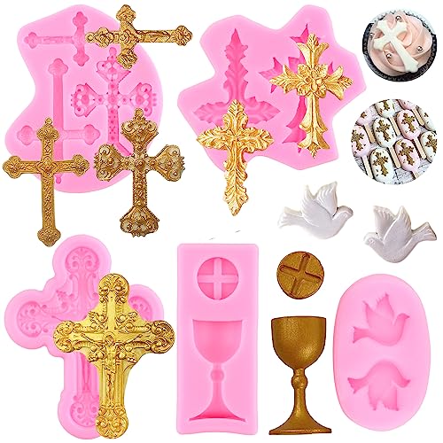 Mujiang Cross Silicone Molds Baptism Cake Decorations Cross Cake Mold Cross Mold Communion Dove Fondant Molds For Baptism Party Cake Decorating Cupcake Topper Chocolate Gum Paste Polymer Clay Set Of 5