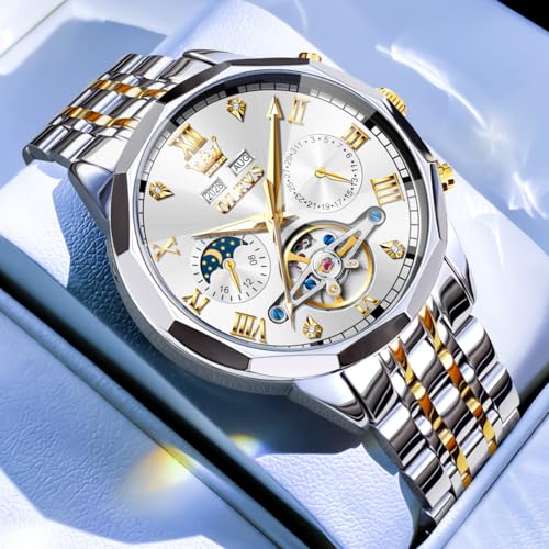 Image of OLEVS Watch for Men Automatic Classic Mechanical Watch Diamond Mirror Stainless Steel Dress Casual Waterproof Day /Date Calendar