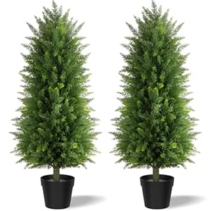 3FT Artificial Cedar Topiary Trees (Set of 2) – Realistic Faux Cypress Bushes, UV Rated for Outdoor & Indoor, No Maintenance Front Door Plants