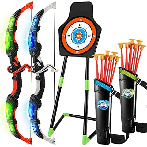 OWNONE 1 Bow and Arrow for Kids 4-6-8-12 Years Old, Archery Toy Set for Boys with LED Lights - Includes 2 Bows, 20 Suction Cup Arrows, 2 Quivers & Standing Target, Outdoor Toys for Kids Boys Girls Cover