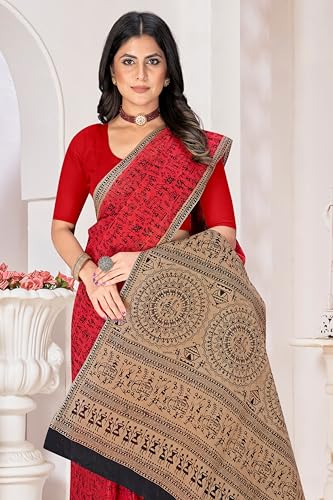 Image of TAMAIRA FASHION Mulmul Pure Cotton Saree For Woman Warli Printed |Office Wear Daily Wear Sarees For Women Without Blouse Piece(Available in 16 Colours)