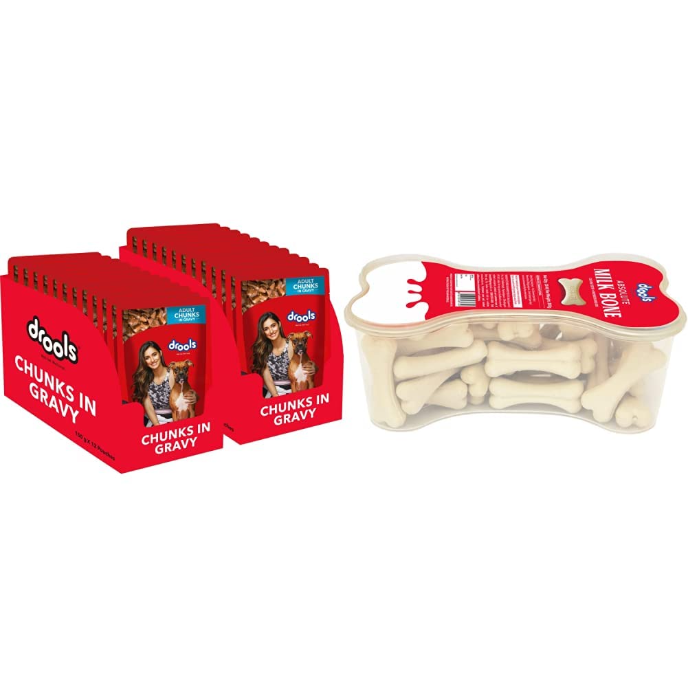 Drools Adult Wet Dog Food, Real Chicken and Chicken Liver Chunks in Gravy, 24 Pouches (24 x 150g)&Drools Absolute Milk Bone Jar, Dog Treats - 20 Pieces (300 g) (B0BP594WFL) Amazon Price History, Amazon Price Tracker