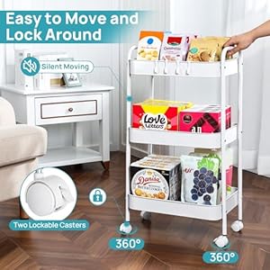Vtopmart 3 Tier Metal Rolling Cart with Wheels, Utility Storage Cart with Handle and Lockable Casters, Storage Basket Organizer Shelves, Easy Assemble for Kitchen, Living Room, Office, Nursery, White Vtopmart 3 Tier Metal Rolling Cart with Wheels Utility Storage Cart with Handle and Lockable Casters Storage Basket Organizer Shelves Easy Assemble for Kitchen Living Room Office Nursery White