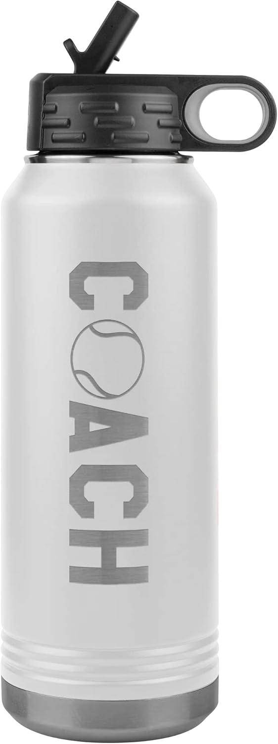Tennis Coach Water Bottle - 32oz Insulated Engraved Stainless Steel Flip Top with Straw Tennis Coach Gift Black